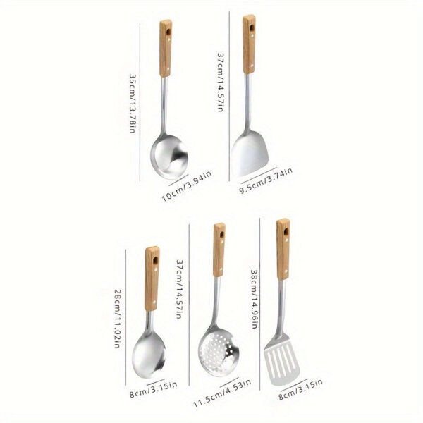 5pcs/set Stainless Steel Cookware with Wooden Handles - Durable Camping Utensils Kit - Soup Spoon, Colander, Rice Scoop, Filter - Perfect for Outdoor Adventures, Picnics - Stylish & Rust-resistant