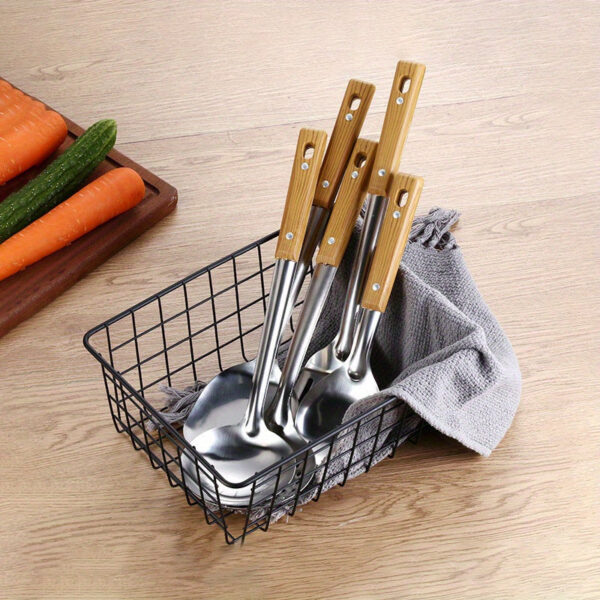 5pcs/set Stainless Steel Cookware with Wooden Handles - Durable Camping Utensils Kit - Soup Spoon, Colander, Rice Scoop, Filter - Perfect for Outdoor Adventures, Picnics - Stylish & Rust-resistant