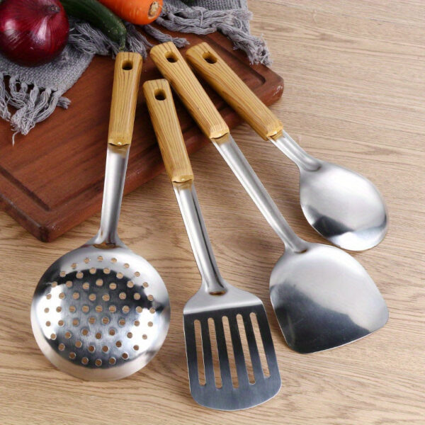 5pcs/set Stainless Steel Cookware with Wooden Handles - Durable Camping Utensils Kit - Soup Spoon, Colander, Rice Scoop, Filter - Perfect for Outdoor Adventures, Picnics - Stylish & Rust-resistant