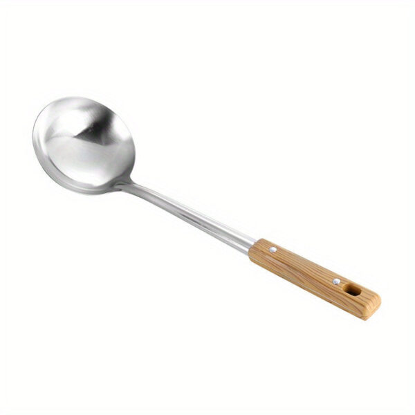 5pcs/set Stainless Steel Cookware with Wooden Handles - Durable Camping Utensils Kit - Soup Spoon, Colander, Rice Scoop, Filter - Perfect for Outdoor Adventures, Picnics - Stylish & Rust-resistant