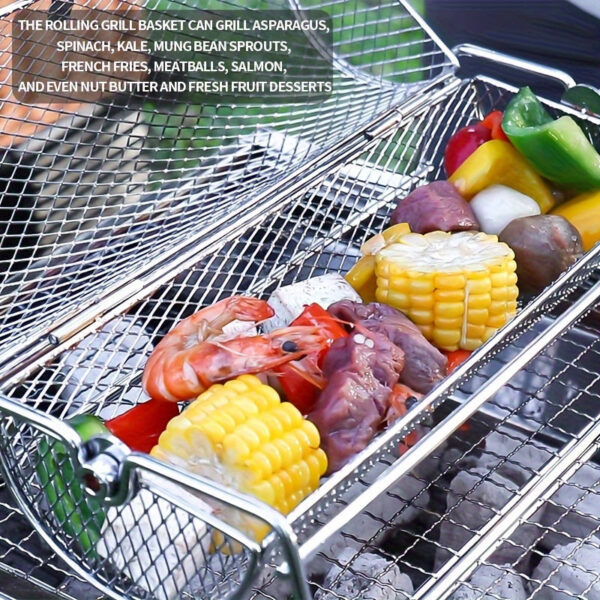 Stainless Steel Portable BBQ Grill Basket, Round Rotatable Barbecue Smoker Cage for Camping & Hiking, Uncharged Easy-Open Grilling Accessory, Ideal for Valentine's Day, Easter, Independence Day - 1 Pack