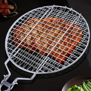 1pc, Stainless Steel Folding Barbecue Net Clip, Round Grill Net, Removable Grill Basket, Barbecue Cage Grill Fish Net, Kitchen Supplies, Kitchen Accessories, BBQ Accessories