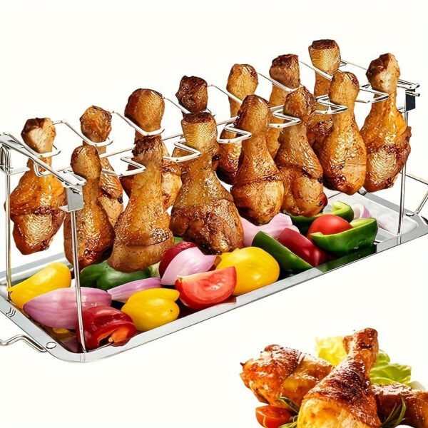 1set Stainless Steel Barbecue Grill Chicken Leg Rack + Tray Set/ Only 1pc Chicken Leg Rack, Outdoor Barbecue Rack Double-layer Vegetable Meat Rack, Kitchen Supplies, Kitchen Accessories, BBQ Accessories