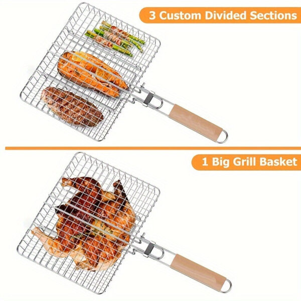 Adjustable 3-Section Metal Grill Basket with Detachable Wooden Handle - Versatile BBQ Cage for Grilling & Baking, Heavy-Duty Barbecue Turner Tool
