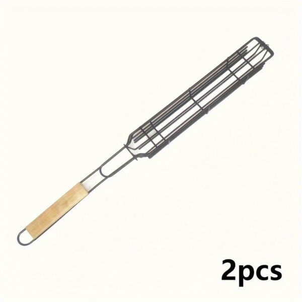 2/4pcs, Kebab Grilling Basket, Portable Stainless Steel Kebab Barbecue Grilling Basket, Hot Dog Barbecue Cage, Sausage Grill Tongs, Barbecue Tongs With Wooden Handle, Kebab Grilling Basket, Nonstick Kabob Grilling Baskets, BBQ Tool, BBQ Accessaries