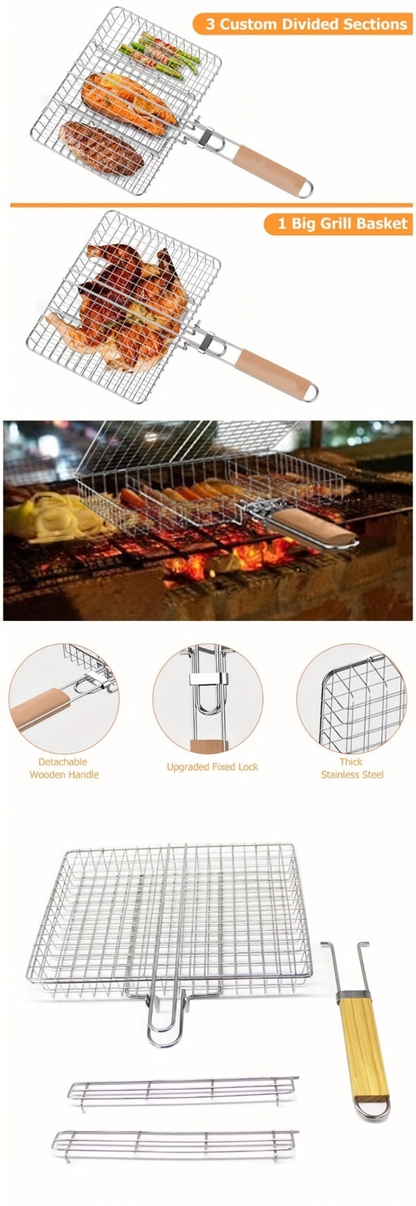 Adjustable 3-Section Metal Grill Basket with Detachable Wooden Handle - Versatile BBQ Cage for Grilling & Baking, Heavy-Duty Barbecue Turner Tool