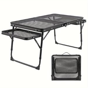 Folding Table with 2 Wing Panels, Camping Table with Mesh Desktop, Height Adjustable Folding Grill Table, Portable Outdoor Table for Picnic, Camping, BBQ, Beach