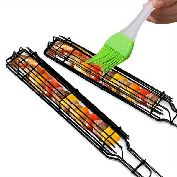 2/4pcs, Kebab Grilling Basket, Portable Stainless Steel Kebab Barbecue Grilling Basket, Hot Dog Barbecue Cage, Sausage Grill Tongs, Barbecue Tongs With Wooden Handle, Kebab Grilling Basket, Nonstick Kabob Grilling Baskets, BBQ Tool, BBQ Accessaries