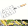 Stainless Steel BBQ Grill Basket for Corn, Fish, Vegetables, Steak, Meat, and Shrimp - Portable Barbecue Rack Accessory with Wooden Handle - Grilling Cage for Outdoor Cooking, Pack of 1