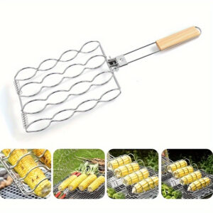 Stainless Steel BBQ Grill Basket for Corn, Fish, Vegetables, Steak, Meat, and Shrimp - Portable Barbecue Rack Accessory with Wooden Handle - Grilling Cage for Outdoor Cooking, Pack of 1