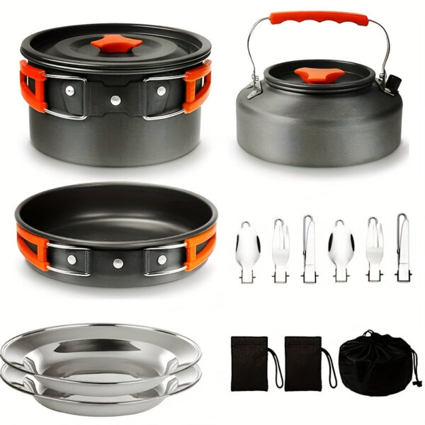 1set, Camping Pot And Pan Set For 2-3 People Use, Portable Cookware Tableware Set With Cooking Pot, Frying Pan, Kettle, Knives And Forks