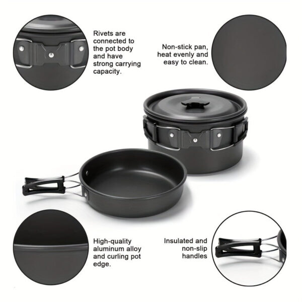 1set, Camping Pot And Pan Set For 2-3 People Use, Portable Cookware Tableware Set With Cooking Pot, Frying Pan, Kettle, Knives And Forks