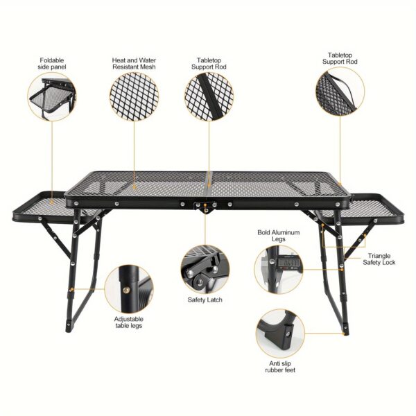 Folding Table with 2 Wing Panels, Camping Table with Mesh Desktop, Height Adjustable Folding Grill Table, Portable Outdoor Table for Picnic, Camping, BBQ, Beach