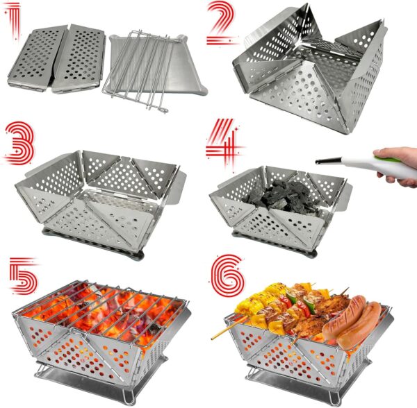Mini Grill Small Folding Charcoal Barbecue Picnic Camping Portable Barbecue Outdoor Folding Suitcase Grill Charcoal Grill Stainless Steel Kebab BBQ Mobile Grill for Takeaway Garden Balcony
