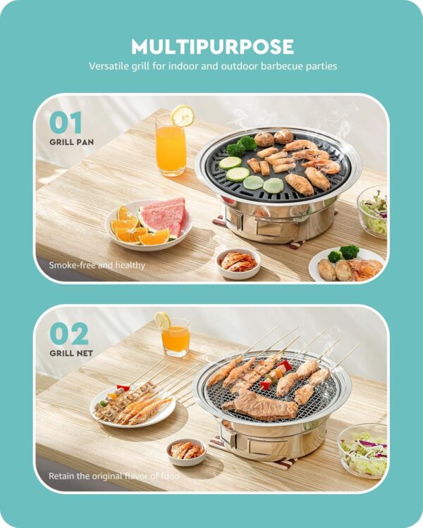 Charcoal Grill Korean Barbecue Grill Portable Stainless Steel Non-stick Charcoal Stove for Outdoor Camping BBQ Grill 13.7 inches Small Grill Outdoor Cooking