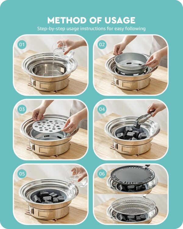 Charcoal Grill Korean Barbecue Grill Portable Stainless Steel Non-stick Charcoal Stove for Outdoor Camping BBQ Grill 13.7 inches Small Grill Outdoor Cooking