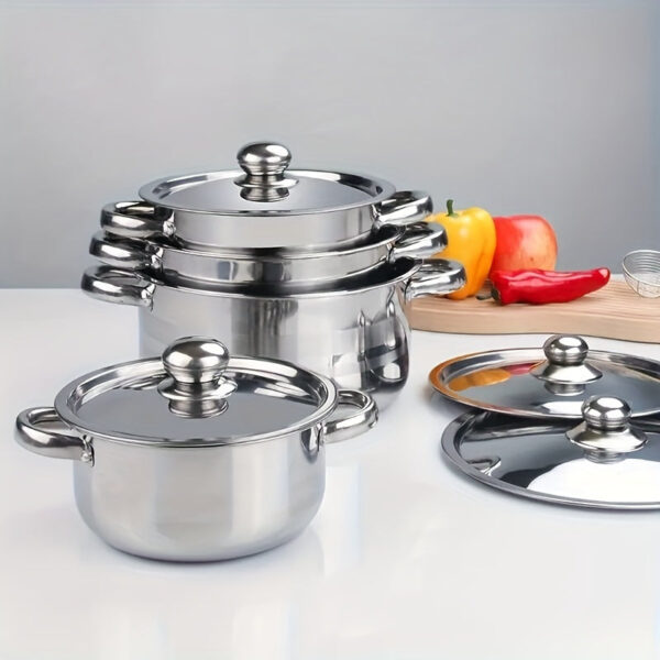 4-Piece Stainless Steel Cooking Pot Set - 410 Grade, Durable 0.5mm Thickness, Uncharged, with Lids & Handles, No Flint, Ideal for Ramadan Decoration & Camp Kitchen Essentials