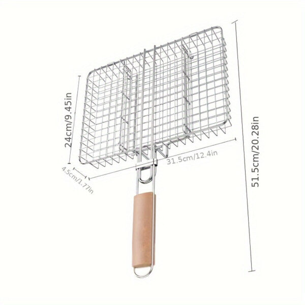 Adjustable 3-Section Metal Grill Basket with Detachable Wooden Handle - Versatile BBQ Cage for Grilling & Baking, Heavy-Duty Barbecue Turner Tool