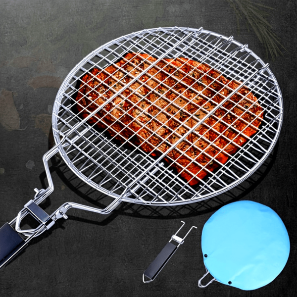 1pc, Stainless Steel Folding Barbecue Net Clip, Round Grill Net, Removable Grill Basket, Barbecue Cage Grill Fish Net, Kitchen Supplies, Kitchen Accessories, BBQ Accessories