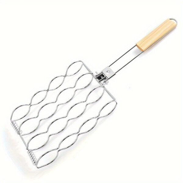 Stainless Steel BBQ Grill Basket for Corn, Fish, Vegetables, Steak, Meat, and Shrimp - Portable Barbecue Rack Accessory with Wooden Handle - Grilling Cage for Outdoor Cooking, Pack of 1