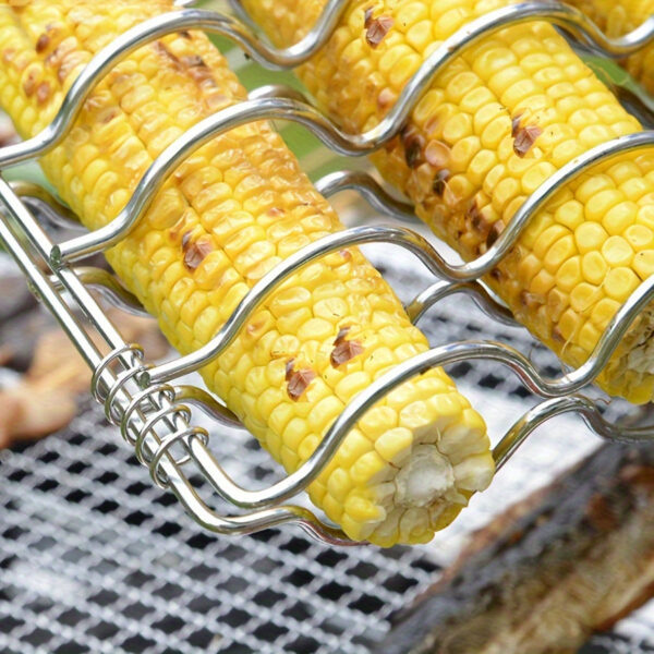 Stainless Steel BBQ Grill Basket for Corn, Fish, Vegetables, Steak, Meat, and Shrimp - Portable Barbecue Rack Accessory with Wooden Handle - Grilling Cage for Outdoor Cooking, Pack of 1