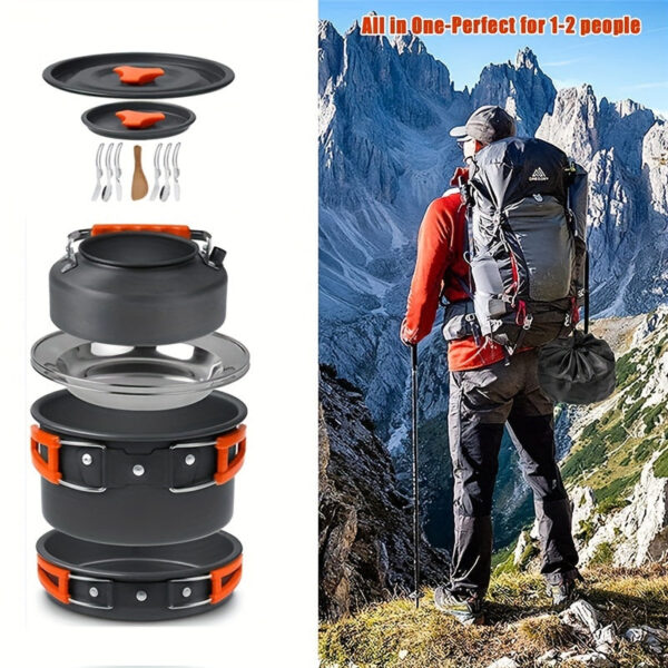 1set, Camping Pot And Pan Set For 2-3 People Use, Portable Cookware Tableware Set With Cooking Pot, Frying Pan, Kettle, Knives And Forks