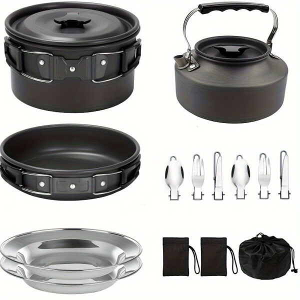 1set, Camping Pot And Pan Set For 2-3 People Use, Portable Cookware Tableware Set With Cooking Pot, Frying Pan, Kettle, Knives And Forks