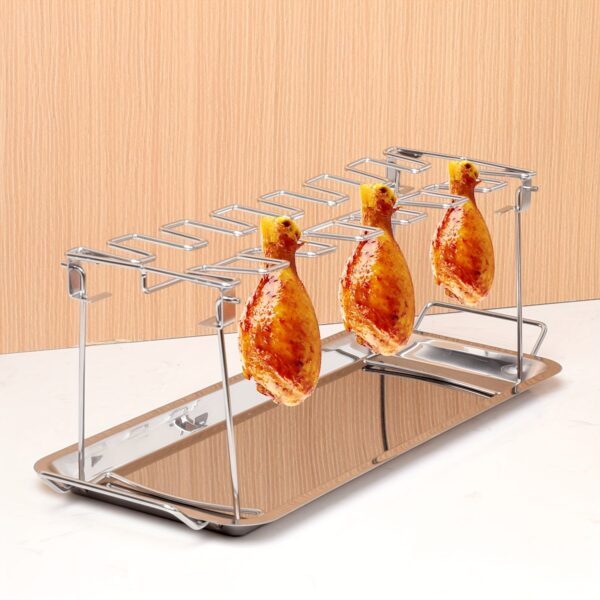 1set Stainless Steel Barbecue Grill Chicken Leg Rack + Tray Set/ Only 1pc Chicken Leg Rack, Outdoor Barbecue Rack Double-layer Vegetable Meat Rack, Kitchen Supplies, Kitchen Accessories, BBQ Accessories