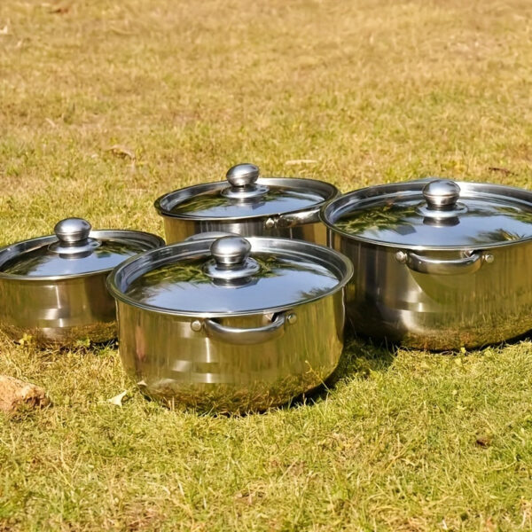4-Piece Stainless Steel Cooking Pot Set - 410 Grade, Durable 0.5mm Thickness, Uncharged, with Lids & Handles, No Flint, Ideal for Ramadan Decoration & Camp Kitchen Essentials