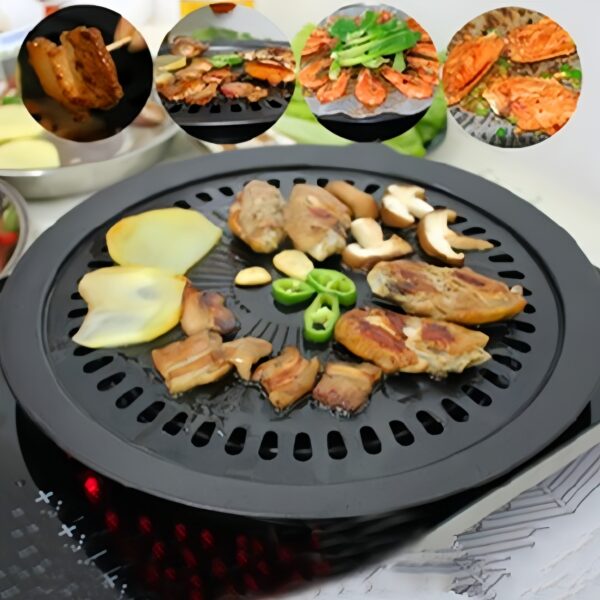 Cast Iron Korean-style Barbecue Grilling Plate - Non-stick Indoor & Outdoor Smokeless BBQ Tray for Meat and Vegetables - Compatible with Electric, Gas, Propane Stoves