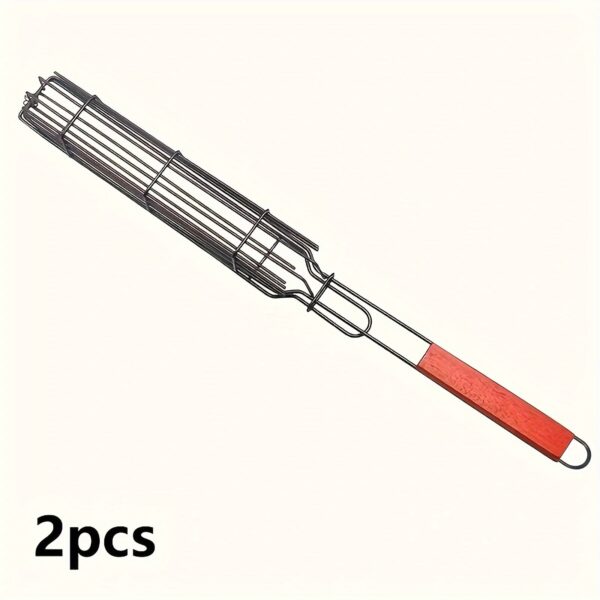 2/4pcs, Kebab Grilling Basket, Portable Stainless Steel Kebab Barbecue Grilling Basket, Hot Dog Barbecue Cage, Sausage Grill Tongs, Barbecue Tongs With Wooden Handle, Kebab Grilling Basket, Nonstick Kabob Grilling Baskets, BBQ Tool, BBQ Accessaries