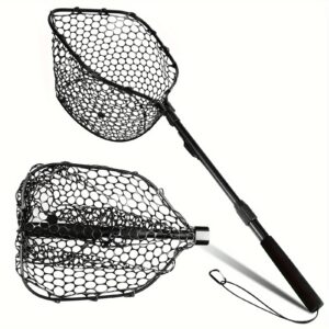 Fly Fishing Net Foldable Landing Net with Soft Rubber Mesh, Telescopic Handle for Trout and Bass