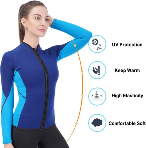 Women Wetsuit Top Swim Jacket Mens Youth Wet Suit Shirt 2mm Neoprene Thermal Swimsuit Front Zip Long Sleeve Cold Water Keep Warm Snorkeling Diving Surfing