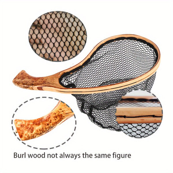 Wooden Fishing Landing Net Burl Wood Handle with Durable Mesh Netting, Available in Small (34cm) and Large (42cm)
